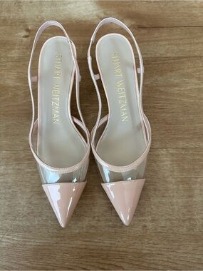Stuart Weitzman Mondrian 50 Nude Patent/Clear PVC Slingback Pumps - Size5.5